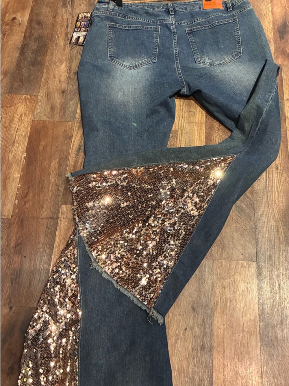 Blue Denim Flare Jeans with Bronze Sequin Insets - Picture 5 of 7